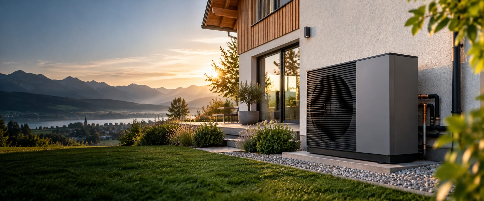 Moderne Wärmepumpe an einem Wohnhaus in Bayern